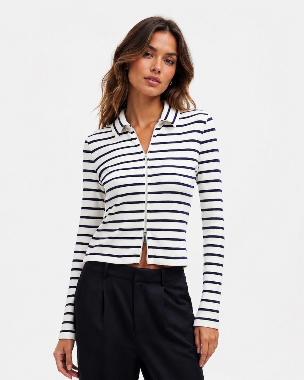 Madewell Winter White Black Stripe Ribbed Zip Front Long Sleeve Tee Size Medium